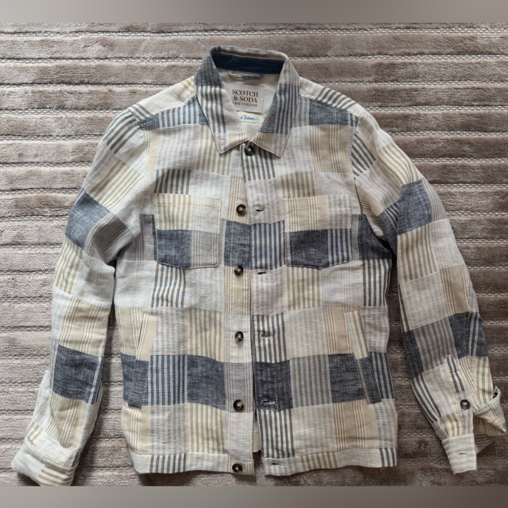 Scotch & Soda Men Beige Blue/Grey Check Jacquard Linen Button-up Over Shirt